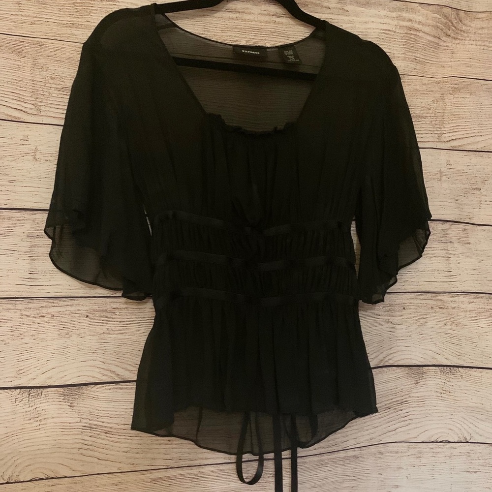 Express Sheer Blouse Sheer Tie Black 5/6 - Picture 4 of 11